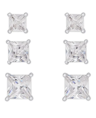 Cubic Zirconia 3-Pc. Set Graduated Round Stud Earrings in Silver Plate