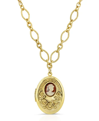 2028 Carnelian Cameo with Flowers Oval Locket Necklace