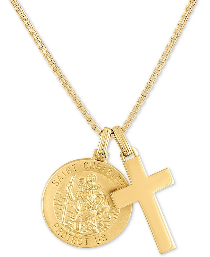 Esquire Men's Jewelry St. Christopher & Cross 24" Pendant Necklace in 14k Gold-Plated Sterling Silver, Created for Macy's