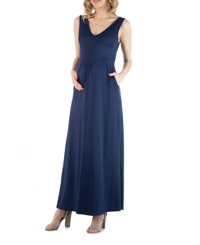 24seven Comfort Apparel Maxi Maternity Sleeveless Dress with Pockets