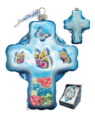 G.DeBrekht Blue Butterflies Cross Glass Ornament