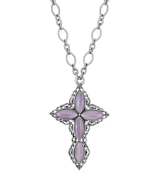 2028 Pewter Amethyst Diamond Shaped Stones Cross 24" Necklace