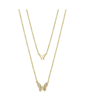 Gold Flash Plated Polished and Cubic Zirconia Butterfly Layer Necklace, 16" + 2" Extender