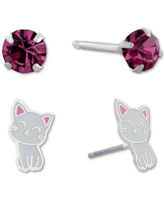 2-Pc. Set Crystal & Cat Stud Earrings in Sterling Silver