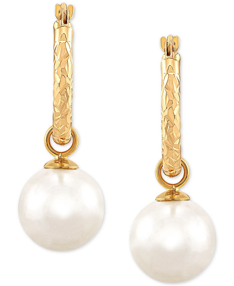 Cultured Freshwater Pearl (9mm) Dangle Hoop Earrings in 14k Gold