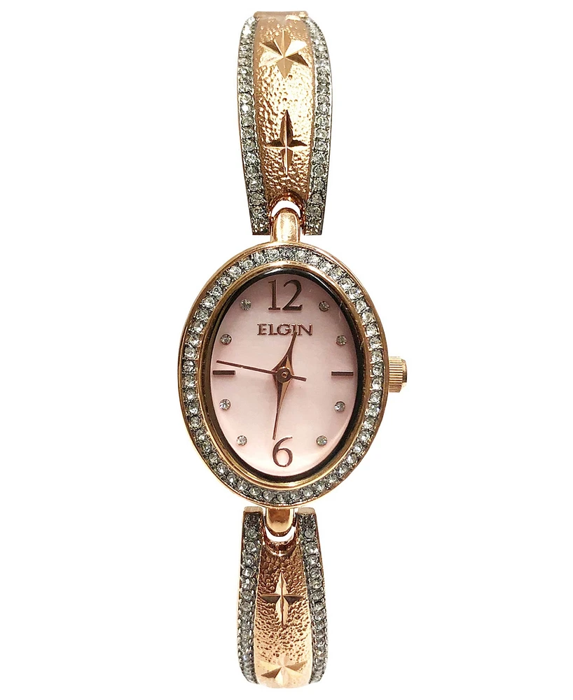 Elgin Women's Oval Face with Diamond Half Bangle Rose-Tone Strap Watch