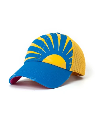Sunny Lady Women's Adjustable Snap Back Mesh Blue and Yellow Sunshine Trucker Hat