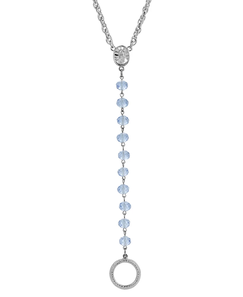 Silver-Tone Blue Beaded Mary Medallion Necklace with Eyeglass Holder
