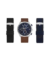 American Exchange Men's Analog Black Strap Watch 47mm with Brown, Navy and Black Interchangeable Straps Set