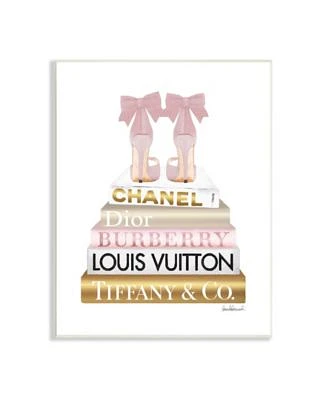 Stupell Industries Pink Gold Tone Heels Bookstack Glam Fashion Design Wall Plaque Art Collection