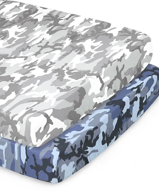 The Peanutshell Pack n Play, Mini Crib, Portable Crib or Fitted Playard Sheets for Baby Boys, 2 Pack Set, Blue and Grey Camo
