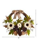 20" Autumn Sunflower, White Pumpkin and Dried Lotus Pod Artificial Fall Wreath with Decorative Bow