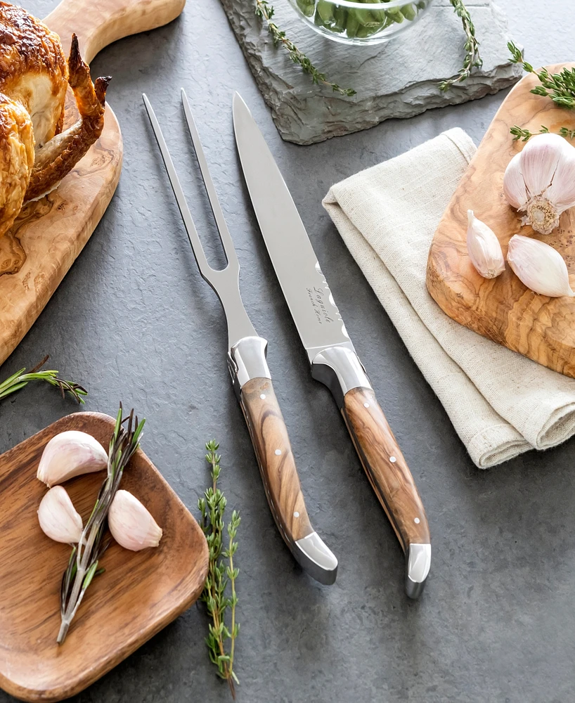 French Home Laguiole Olivewood Carving Knife and Fork Set.