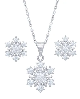 Silver Plated Cubic Zirconia Snowflake Earrings and Pendant Necklace Set