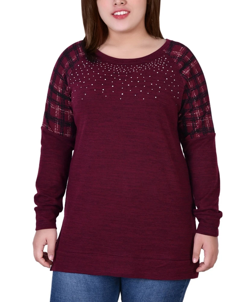 Plus Size Long Sleeve Knit with Print Shoulder Insets Top
