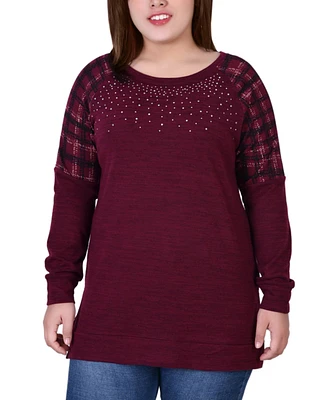 Plus Size Long Sleeve Knit with Print Shoulder Insets Top