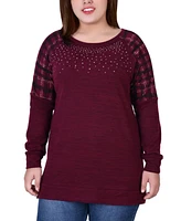 Plus Size Long Sleeve Knit with Print Shoulder Insets Top