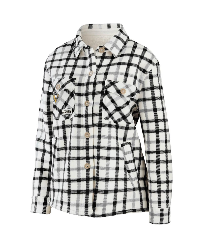 Women's Wear by Erin Andrews Oatmeal Pittsburgh Penguins Plaid Button-Up Shirt Jacket