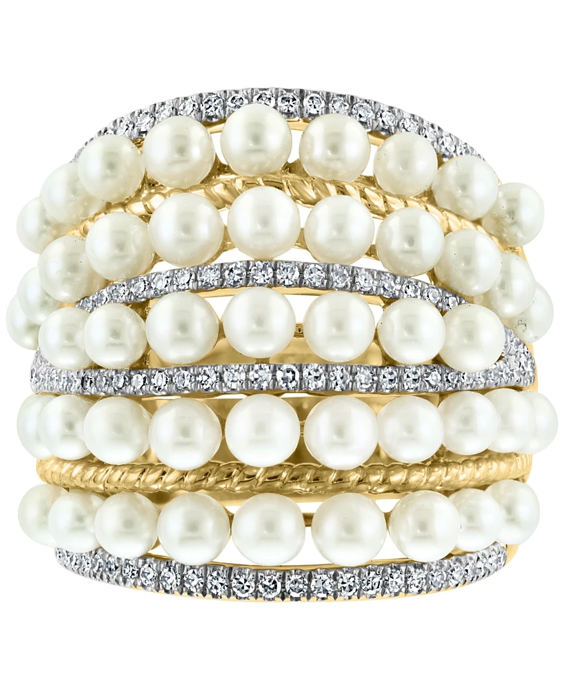 Effy Cultured Freshwater Pearl (4mm) & Diamond (3/8 ct. t.w.) Multirow Statement Ring in 14k Gold