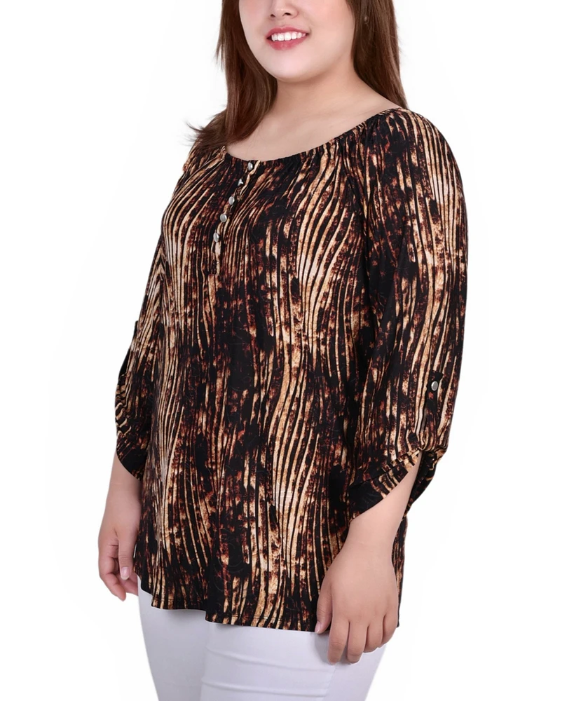 Plus 3/4 Push Tab Round Neck Henley Top