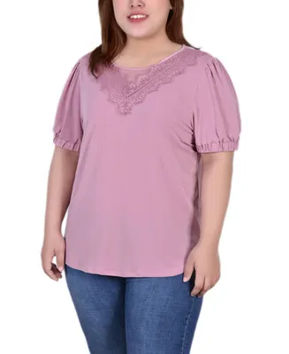 Ny Collection Plus Short Sleeve Top With Mesh and Lace