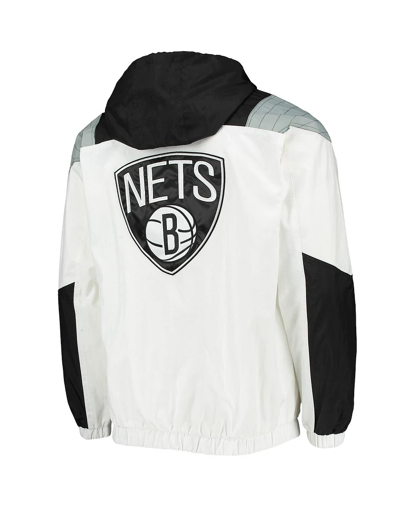 Men's Starter White Brooklyn Nets Striker Crinkle Half-Zip Hoodie Jacket