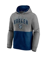 Men's Fanatics Heathered Gray, Deep Sea Blue Seattle Kraken Block Party Classic Arch Signature Pullover Hoodie
