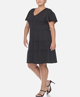 White Mark Plus Short Sleeve V-neck Tiered Midi Dress