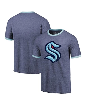 Men's Majestic Threads Heathered Deep Sea Blue Seattle Kraken Ringer Contrast Tri-Blend T-shirt