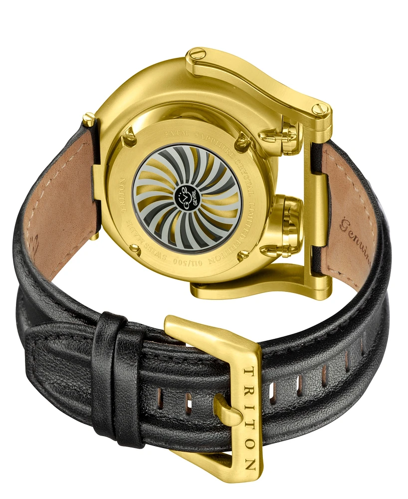 Gevril Triton Men's Swiss Automatic Black Genuine Leather Strap Watch 49mm