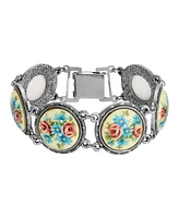 2028 Silver-Tone Blue Pink Rose Round Stone Link Bracelet