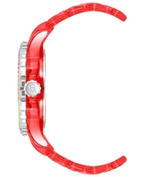 Steve Madden Women's Analog Transparent Red Plastic with Rainbow Crystal Bracelet Watch, 40mm