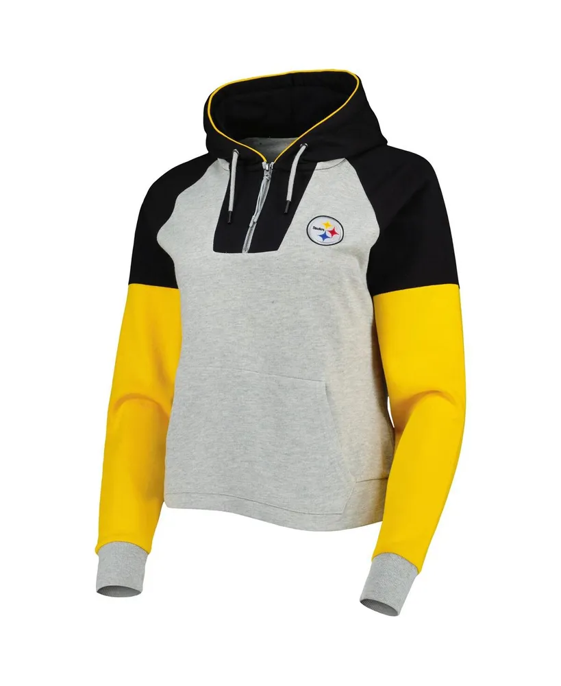 Women's Antigua Heathered Gray, Black Pittsburgh Steelers Jackpot Raglan Half-Zip Pullover Hoodie