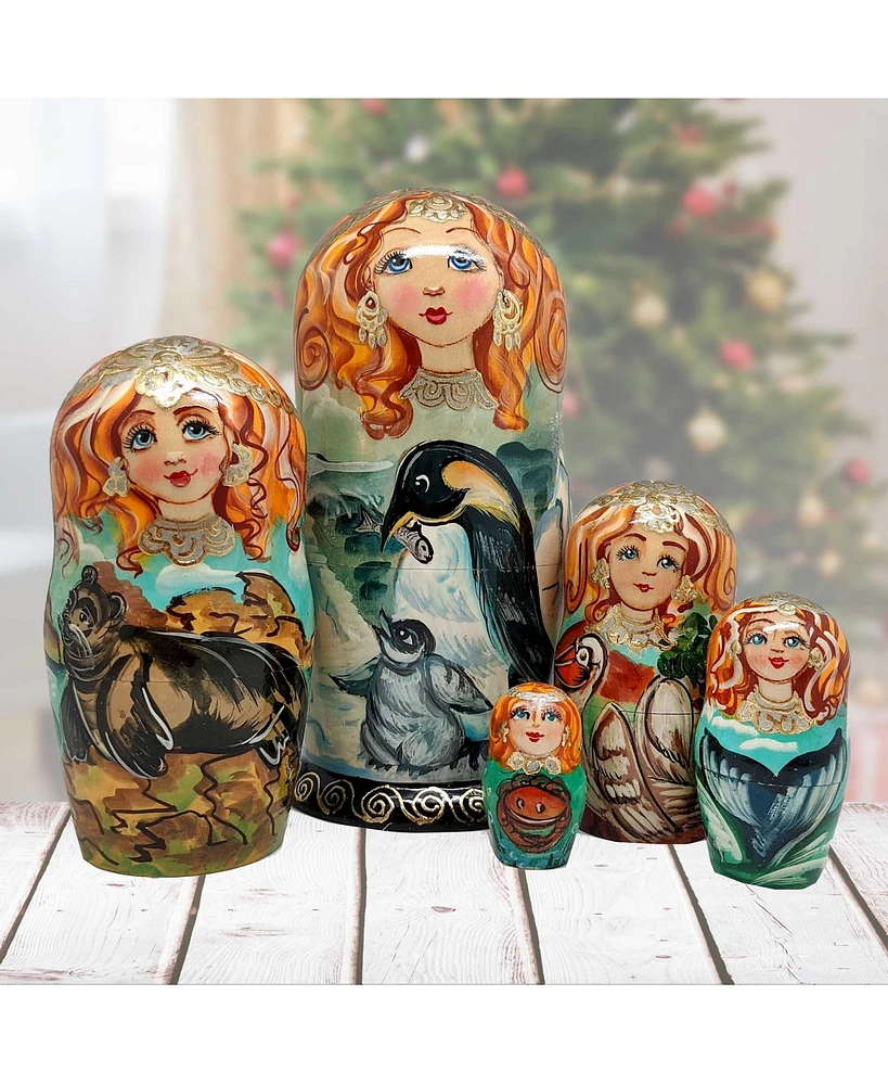 G.DeBrekht Penguins Matreshka Holiday Nesting Hand-Painted Dolls, Set of 5