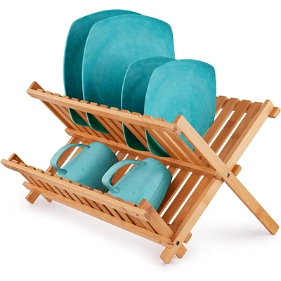 2-Tier Bamboo Collapsible Dish Drying Rack with Flatware Holder