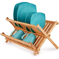 2-Tier Bamboo Collapsible Dish Drying Rack with Flatware Holder