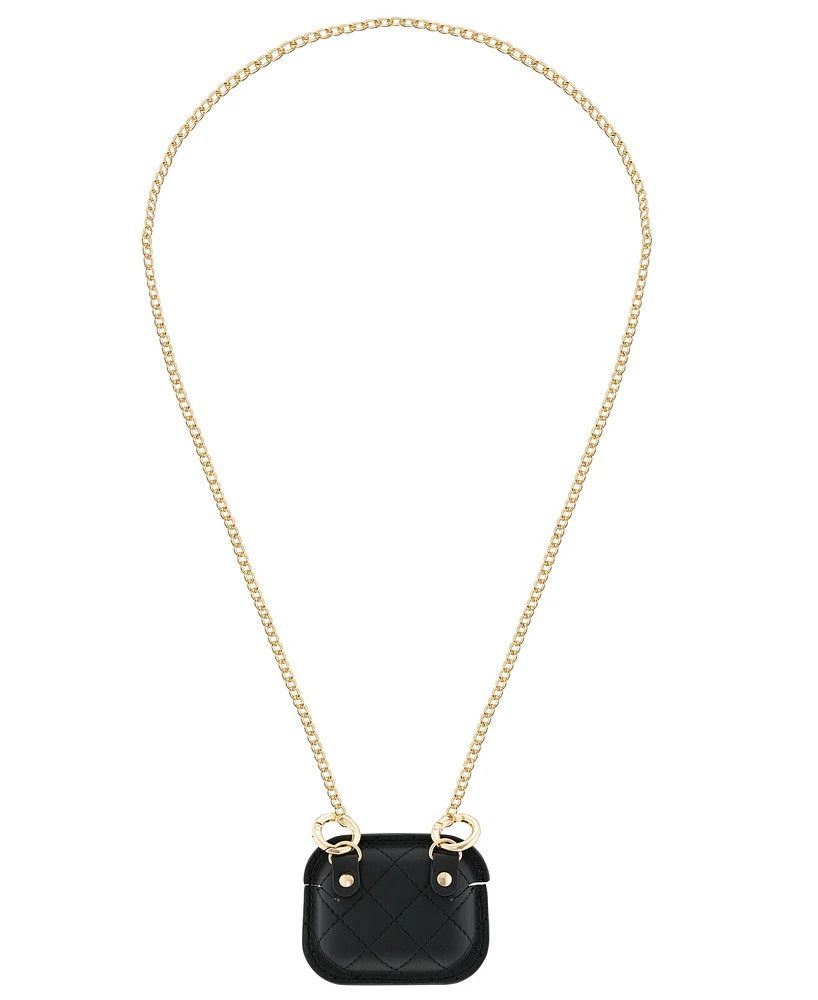 Anne Klein Women's Black Faux Leather Quilted Case with Crossbody Chain designed for AirPods Pro