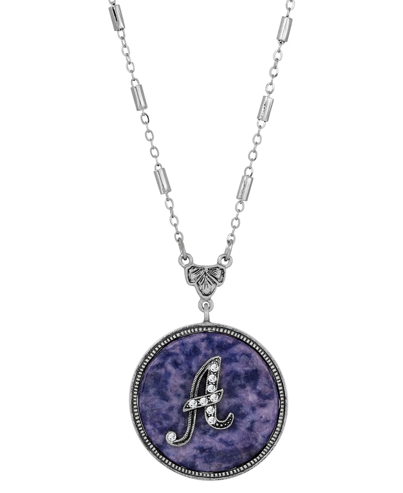 2028 Blue Round Pewter Initial Pendant Necklace