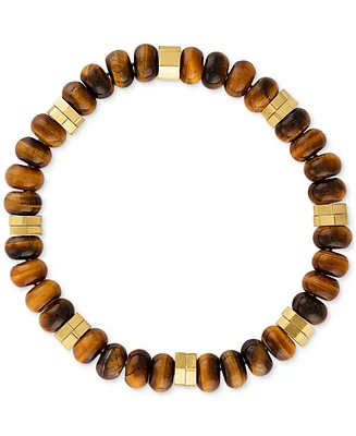 Esquire Men's Jewelry Tiger Eye Bead Stretch Bracelet in 14k Gold-Plated Sterling Silver, Created for Macy's