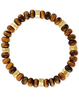 Esquire Men's Jewelry Tiger Eye Bead Stretch Bracelet in 14k Gold-Plated Sterling Silver, Created for Macy's