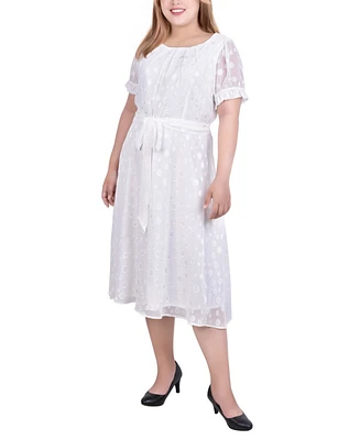 Ny Collection Plus Short Sleeve Belted Swiss Dot Dress