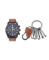 American Exchange Men's Quartz Movement Cognac Leather Strap Analog Watch, 48mm and Keychain with Zippered Travel Pouch