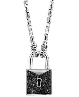 Effy Men's Black Spinel Padlock 22" Pendant Necklace (1-1/2 ct. t.w.) in Sterling Silver