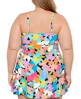 Swim Solutions Plus Tummy Control Bow-Front Printed Swimdress, Created for Macy's