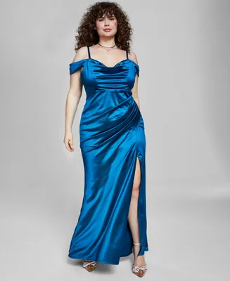 B Darlin Trendy Plus Off-The-Shoulder Satin Gown