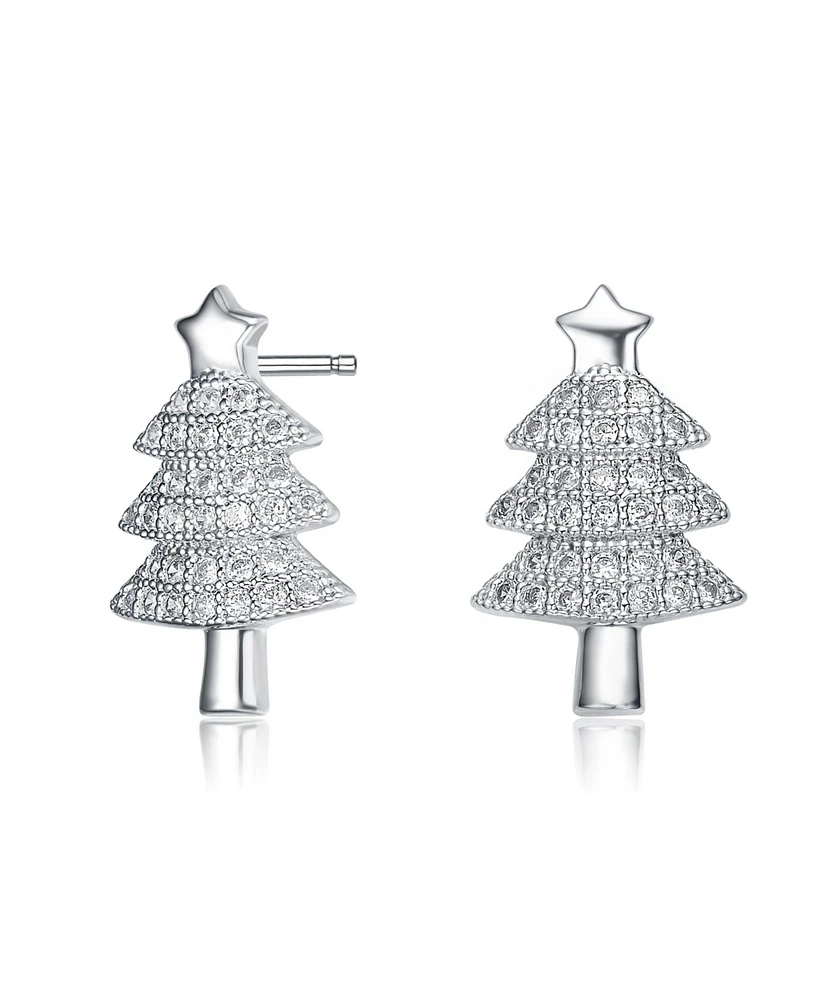 Sterling Silver with Rhodium Plated Clear Round Cubic Zirconia Pave Christmas Tree Earrings