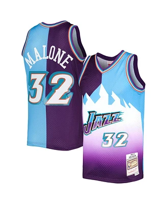 Men's Mitchell & Ness Karl Malone Purple, Turquoise Utah Jazz Hardwood Classics 1996-97 Split Swingman Jersey