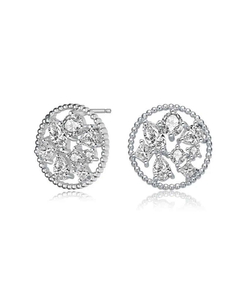 Gv Sterling Silver White Gold Plated Ball Halo with Clear Multi Shape Cubic Zirconia Round Earrings