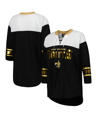 Women's G-iii 4Her by Carl Banks Black, White New Orleans Saints Double Team 3/4-Sleeve Lace-Up T-shirt