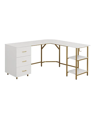 Techni Mobili Wood L-Shape Home Office with Storage Two-Tone Desk